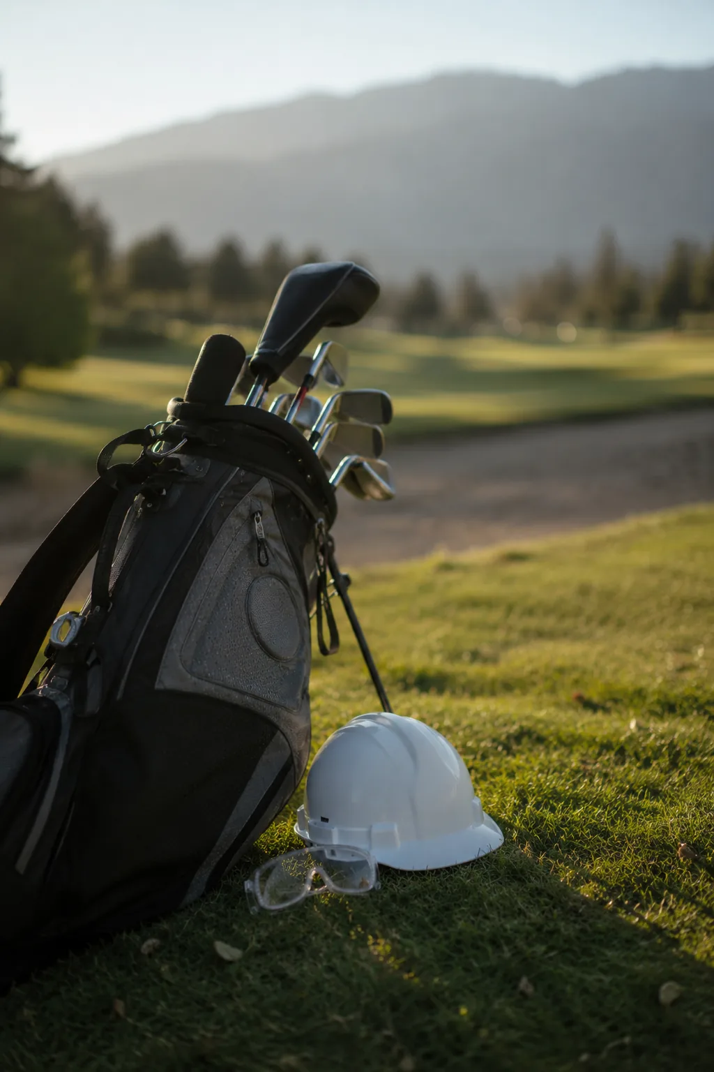 Casco minero junto a una bolsa de golf y una pelota